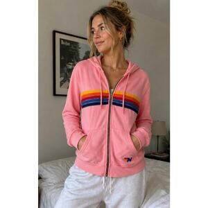 Aviator Nation Hoodie Pink Rainbow Stripe Zip Up Made in California Size XL